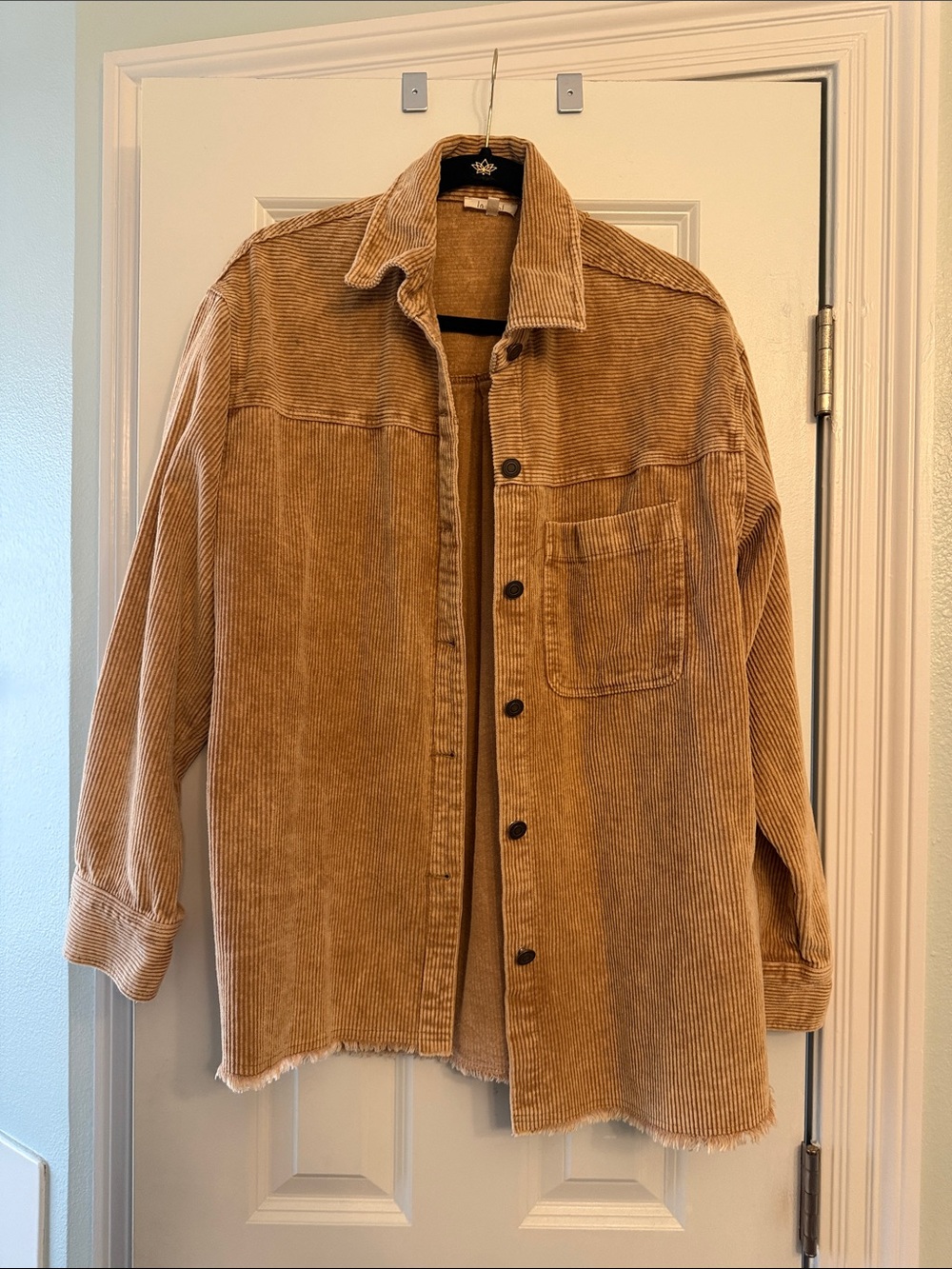 LA MIEL Corduroy Utility Shacket in Camel Tan